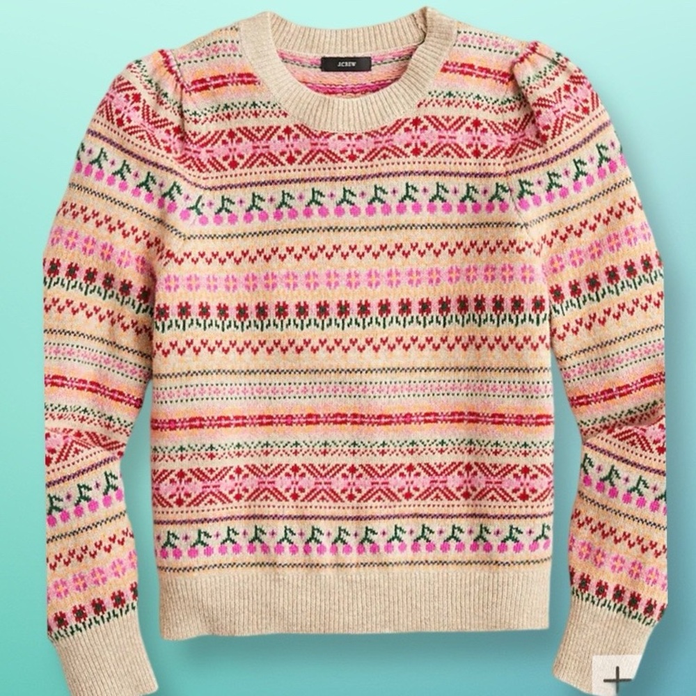 J.CREW FAIR ISLE SWEATER PUFF SLEEVE 
COTTAGECORE CHERRIES XL